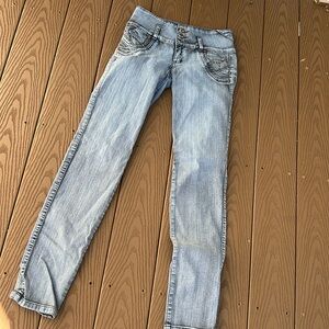 LOi wide waist button/zip skinny jeans made in Columbia SZ 10/Juniors 5 USA
